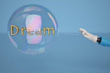 Bir iğne ile bir çizgi film el bubble altın rüya ile delip geçiyor..