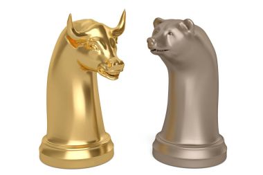 Ayı ve boğa satranç parça üzerinde beyaz background.3d illüstrasyon.
