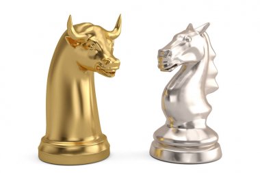 Altın boğa ve gümüş satranç taşını beyaz zemin üzerine at. 3D ben