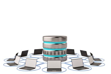 Big data hard disk drive metal data storage icon and laptops.3D 