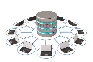 Big data hard disk drive metal data storage icon and laptops.3D 