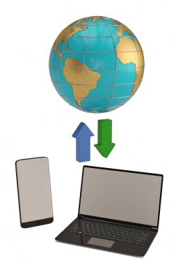 Bulut depolama kavramı küre ve beyaz üstünde laptop ile smartphone 