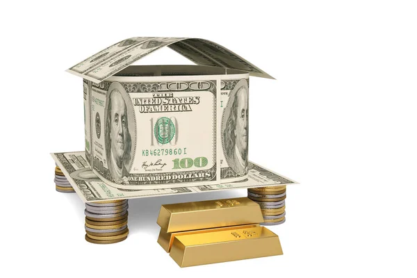 Dům dolarů a zlaté coins.3d obrázek. — Stock fotografie
