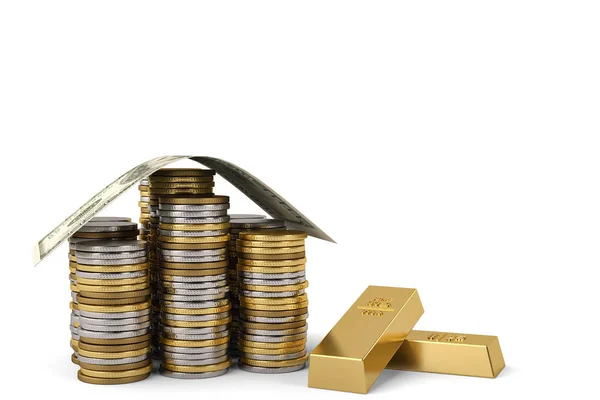 A házi, a dollár és az érme halom arany tégla 3d illu — Stock Fotó