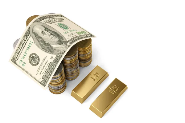 Dům z dolaru a mince zásobníky s 3d illu zlaté cihly — Stock fotografie