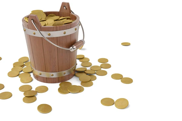 Drewniane wiaderko i złote monety na białym tle 3d ilustracja — Zdjęcie stockowe