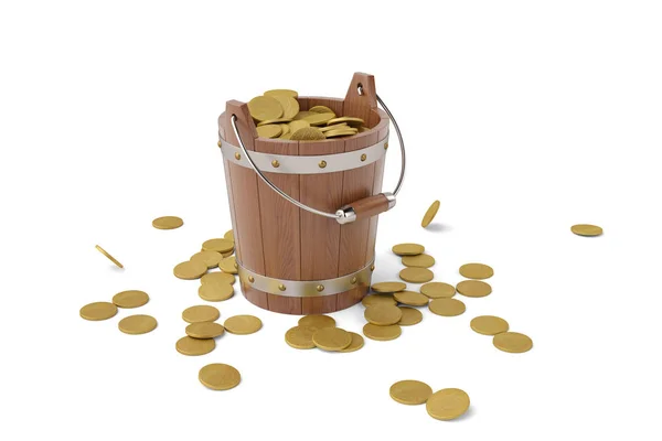 Cubo de madera y monedas de oro sobre fondo blanco ilustración 3D — Foto de Stock