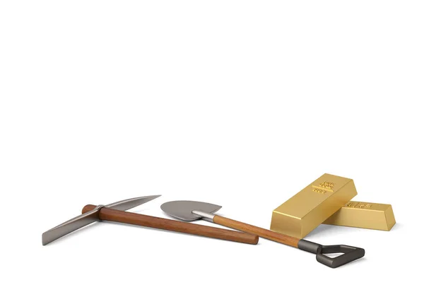 Goud bakstenen en schop met houweel op witte achtergrond 3d illus — Stockfoto