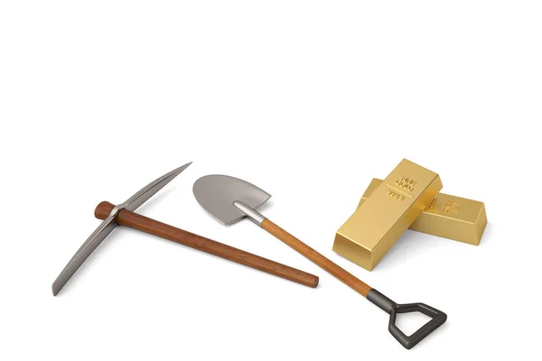 Goldziegel und Schaufel mit Spitzhacke auf weißem Hintergrund 3d illus — Stockfoto