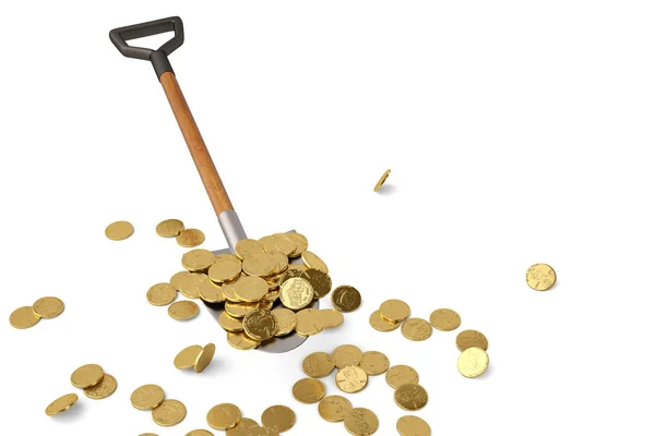Gouden munten op de schop op witte achtergrond 3d illustratie. — Stockfoto