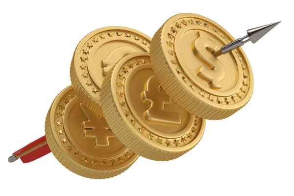 Strzała przeszyła złote monety. ilustracja 3D. — Zdjęcie stockowe