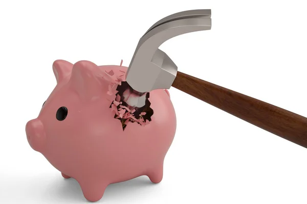 Broken piggy bank with hammer. 3D illustration. — Stock Photo, Image