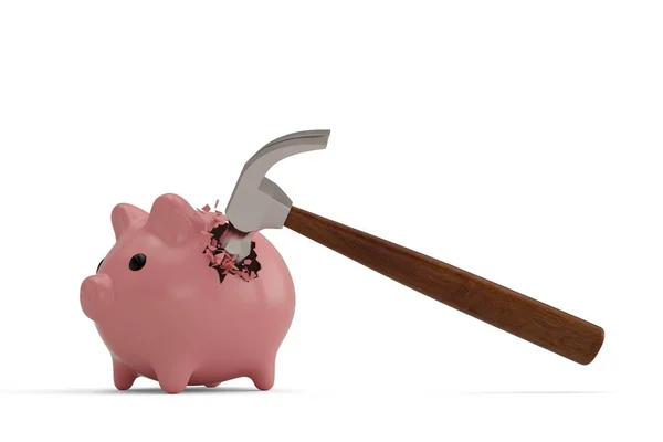 Broken piggy bank with hammer. 3D illustration. — Stock Photo, Image