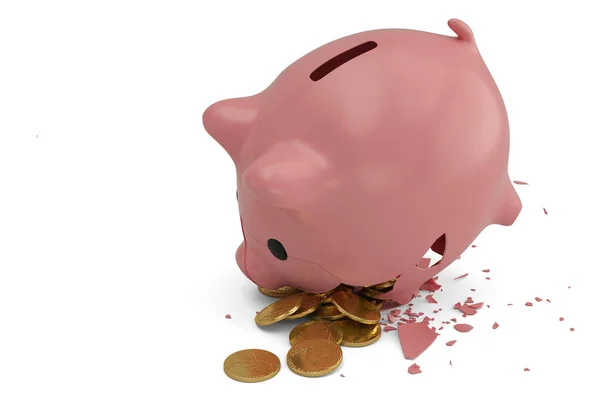 Zerbrochenes Sparschwein mit Dollarmünzen. 3D-Illustration. — Stockfoto