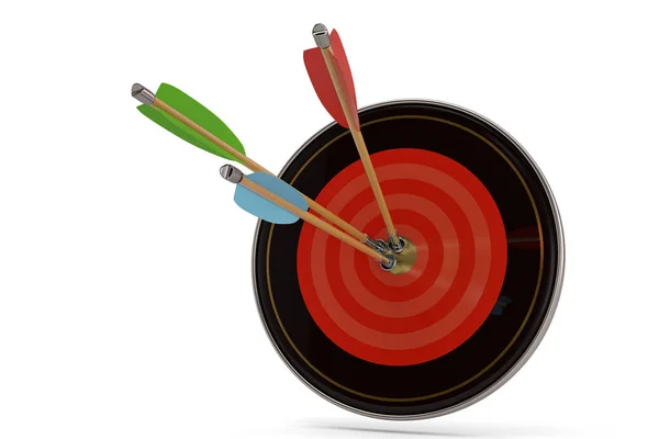 Un blanco de tiro con arco rojo con flechas rojas y de madera en el centro b — Foto de Stock