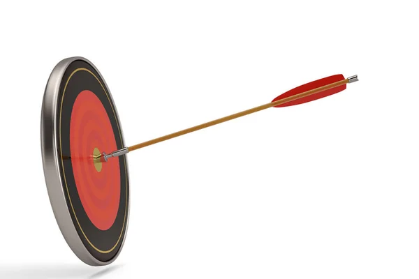Une cible de tir à l'arc rouge avec flèche rouge et en bois dans le bu central — Photo
