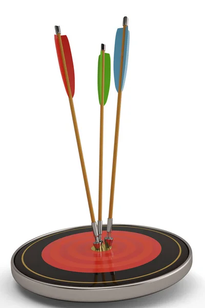 Une cible de tir à l'arc rouge avec des flèches rouges et en bois au centre b — Photo