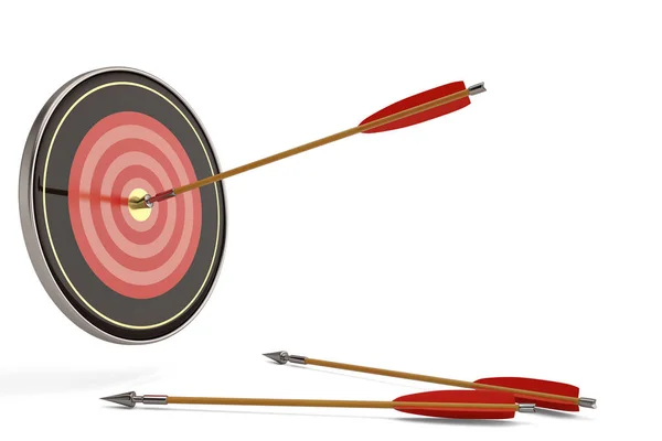 Un blanco de tiro con arco rojo con flechas rojas y de madera. Ilustración 3D — Foto de Stock