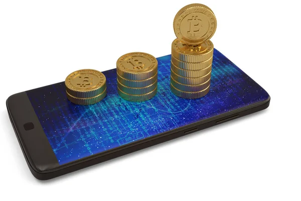 Σύμβολο χρυσή bitcoin χρήματα και έξυπνο τηλέφωνο σε λευκό φόντο 3d — Φωτογραφία Αρχείου