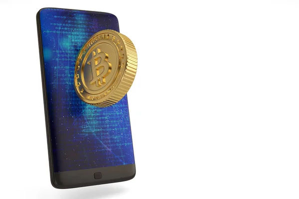 Golden Bitcoin semnează bani și telefon inteligent pe fundal alb 3D — Fotografie, imagine de stoc