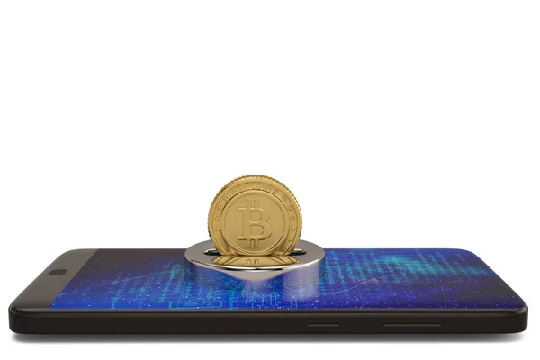 Золотой биткойн знак деньги и смартфон на белом фоне 3D — стоковое фото