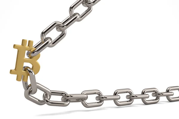 Bitcoin złoty symbol z żelaza chain.3d ilustracji. — Zdjęcie stockowe