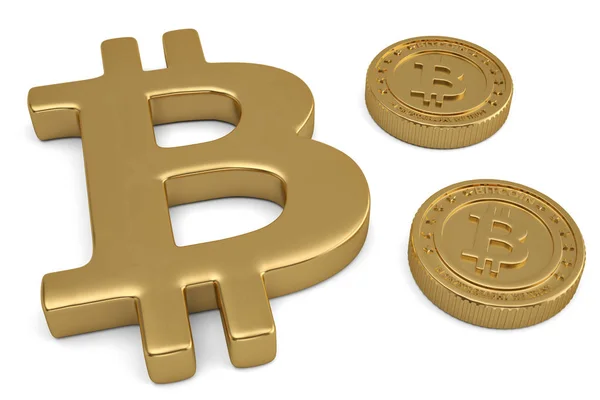 Pièce d'or avec Bitcoin signe argent et symbole de la finance sur blanc — Photo