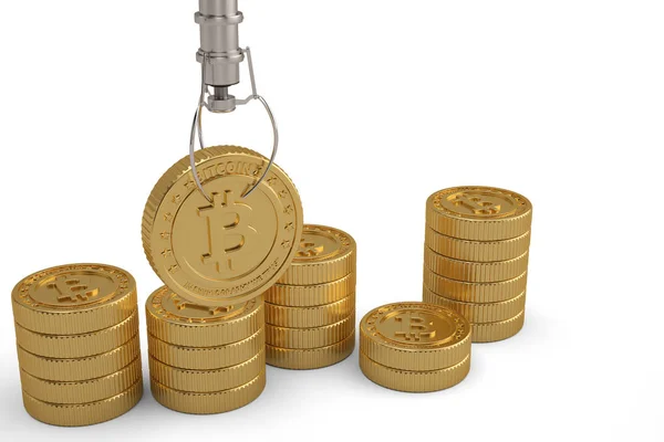 Toy crane machines with gold bitcoin.3D illustration. — Stock Photo, Image