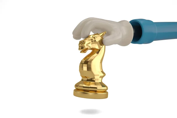 Cartoon hand and chess knight on white background. 3D illustrati — Stock Photo, Image