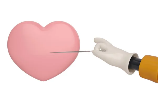 O mână de desene animate cu un ac străpunge inima. Ilustrație 3D . — Fotografie, imagine de stoc