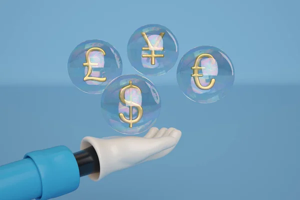 Cartoon hand gold money symbol in bubble. 3D illustration.