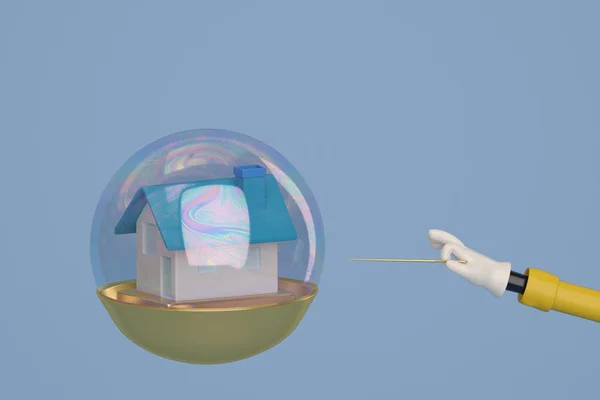 A cartoon hand with a needle pierces the bubble with a house bus — Stock Photo, Image