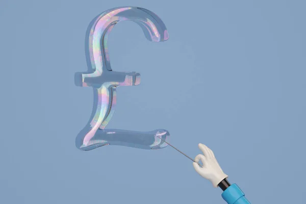A cartoon hand with a needle pierces the money sign bubble busin
