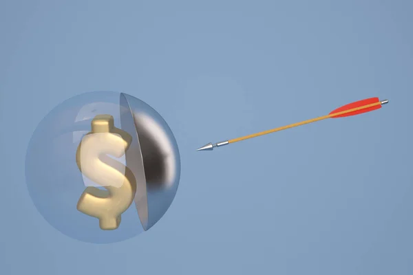Gyllene dollartecken i glaskula och pil. 3D illustration. — Stockfoto