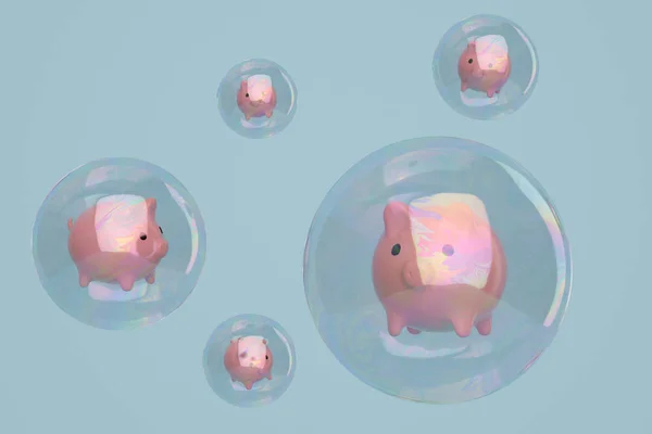 Porcos do banco porquinho na bolha que flutua. Ilustração 3D . — Fotografia de Stock