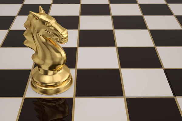 A peça de xadrez de cavaleiro dourado na ilustração checkerboard.3D . — Fotografia de Stock
