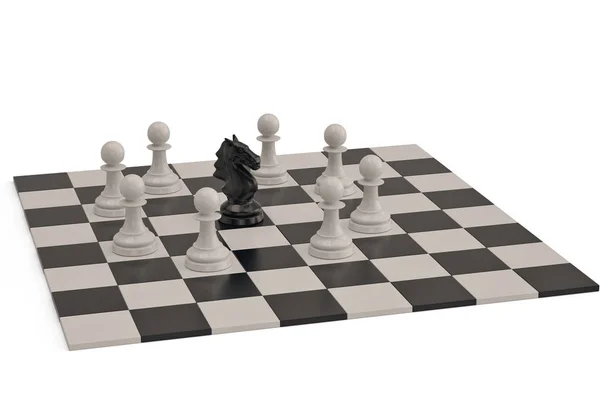 Knight and pawns chess piece on checkerboard.3D illustration. — Stock Photo, Image