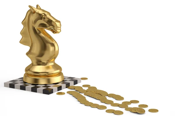 De gouden ridder Schaakstuk met munten op witte background.3d il — Stockfoto