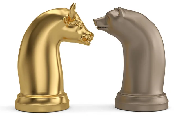 Bear and bull chess piece on white background.3D illustration.