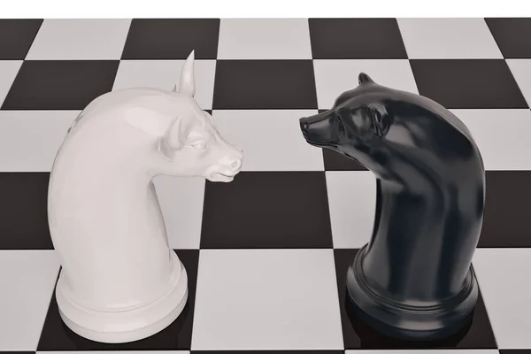 Ayı ve boğa satranç taşını checkerboard.3d illüstrasyon. — Stok fotoğraf