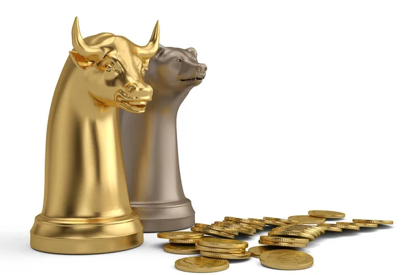 Björn och bull schackpjäs och guldmynt på vit background.3d — Stockfoto