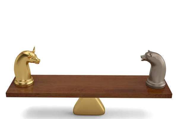 Stock market bull en bear Schaken stuk slag metaphor.3d illust — Stockfoto