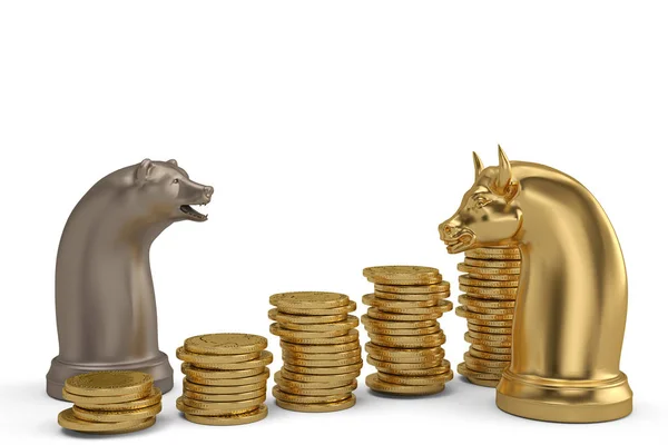 Stock concepto oso y toro pieza de ajedrez y monedas de oro apilados en —  Fotos de Stock
