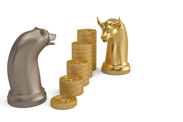 Stock concept bear and bull chess piece and gold coin stacks on