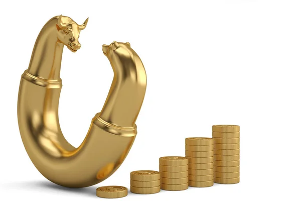 Stock market bull and bear battle metaphor gold coin stacks.3D i