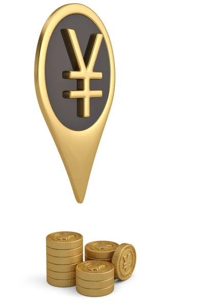 Gold Yen pin icon and coin stacks on white backgroun.3D illustra — Stock Photo, Image