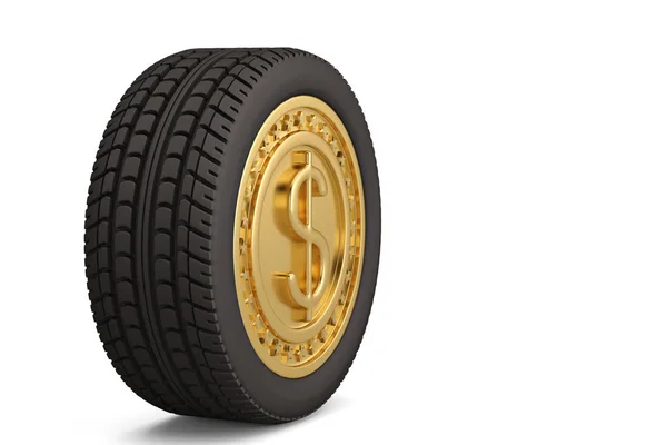 Gold dollar coin tires on white background.3D illustration. — Stock Photo, Image