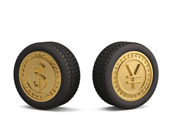 Zlatá mince pneumatiky na bílém background.3d obrázek. — Stock fotografie