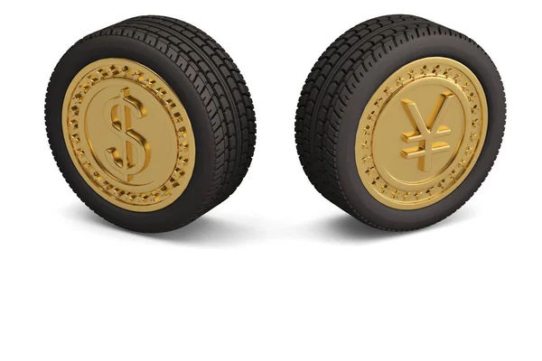 Zlatá mince pneumatiky na bílém background.3d obrázek. — Stock fotografie