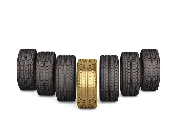 Golden and rubber tires on white background.3D illustration. — Stock Photo, Image